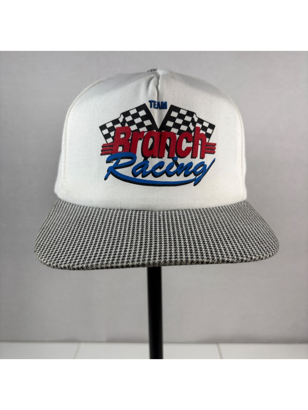 Vintage 90s Team Branch Racing Strapback Hat Houndstooth Brim Leather Strap USA
